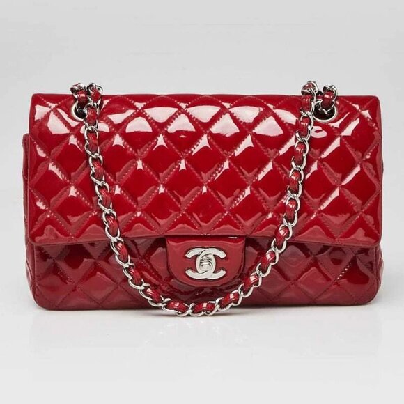 Chanel Red Quilted Patent Leather Classic Medium Double Flap Bag - Picture 1 of 11